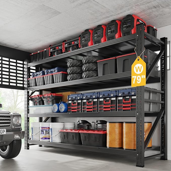 7000LBS Metal Steel Storage Shelves - 78.7" W Black 4 Tier Heavy Duty Rack Commercial Industrial Shelving with Adjustable Shelf for Basement Garage Warehouse - 78.7" W x 24" D x 78.7" H