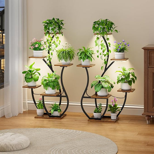 Plant Stand Indoor with Grow Lights - 2 Pack Indoor Plant Shelf, 6 Tiered Corner Plant Stands for Indoor Plants, Swan-Shaped Plant Holder, Metal Flower Display Rack for Living Room, Patio Decor（Black)