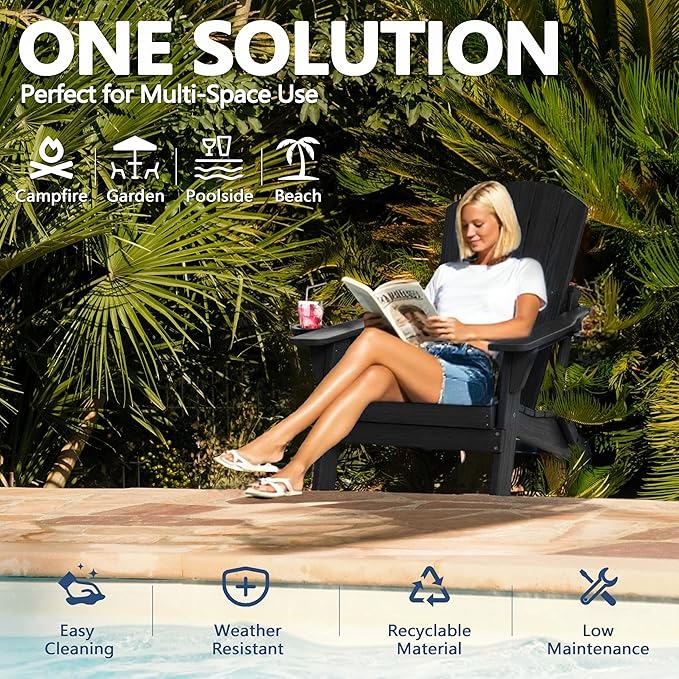 Folding Adirondack Chair Set of 3 with Cup Holder, HDPE All Weather Resistant Plastic Outdoor Patio Chairs, Heavy Duty Fire Pit Seating for Backyard Lawn Garden, Wooden Textured Design(Black)