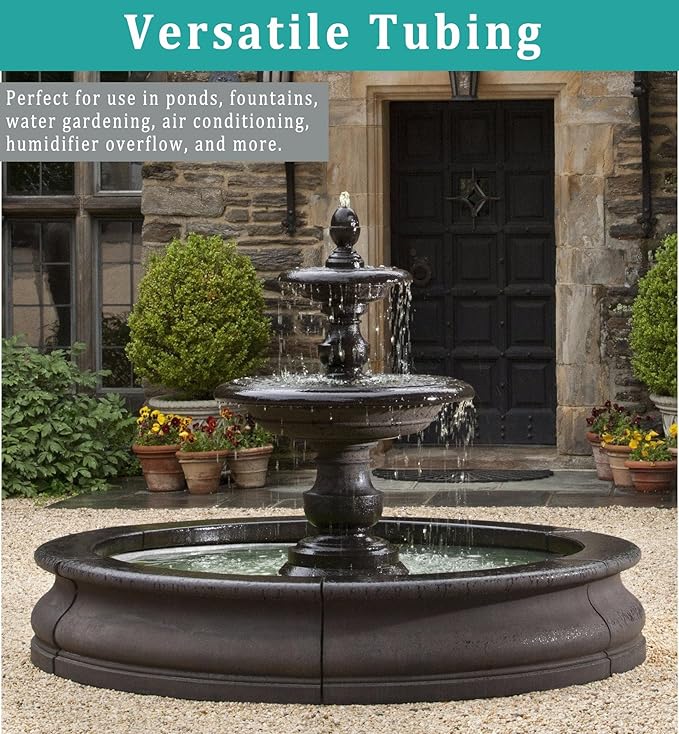 3/8" id - 25ft Black Vinyl Tubing Flexible PVC Tube Hybrid Hose Transfer Water Fuel Gas for Pond Fountain Garden Waterfall, Durable and Safe, with 2 Hose Clamps