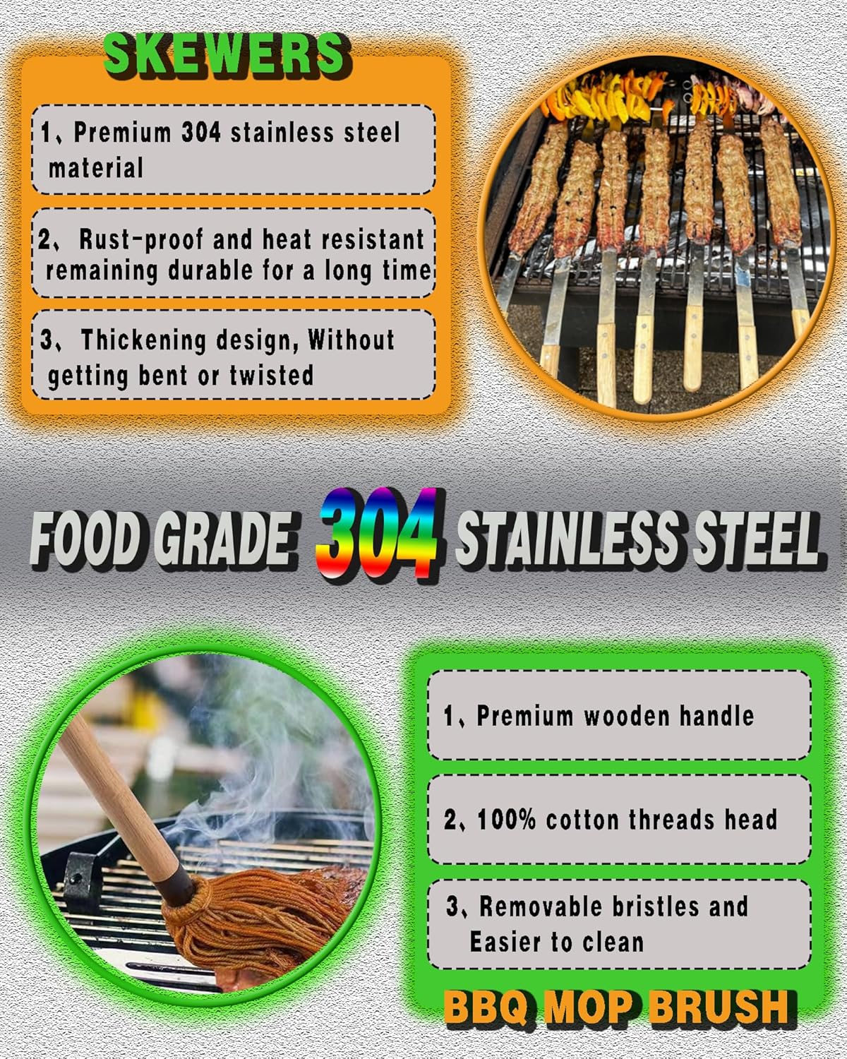 27 Inch Extra Long 1 Inch Wide Kabob Skewers for Grilling, Premium 304 Stainless Steel Barbecue Skewer with Wood Handle,Metal Flat Kebab Skewers include 8PCS BBQ Skewer,1PCS Grill Mop Brush