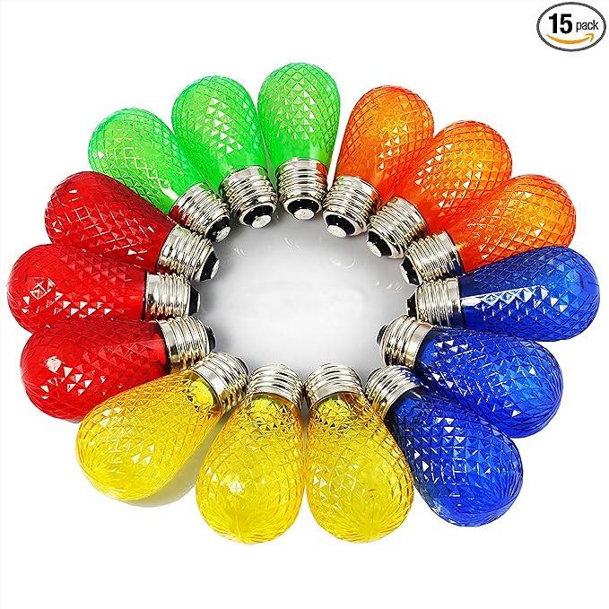 BRIMAX S14 LED Colored Light Bulbs with Faceted Surface,Outdoor Indoor String Light Replacement Bulbs,Plastic,Shatterproof, E26 Base, for Christmas Halloween Party and Holiday Decor,15 Pack