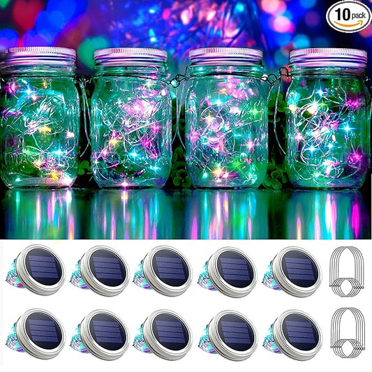 30 LED 10 Packs Solar Mason Jar Lights [Updated] Fairy Firefly Jar Lids String Lights with Hangers Waterproof Patio Yard Garden Wedding Party Decoration - Colorful (NO Jars)