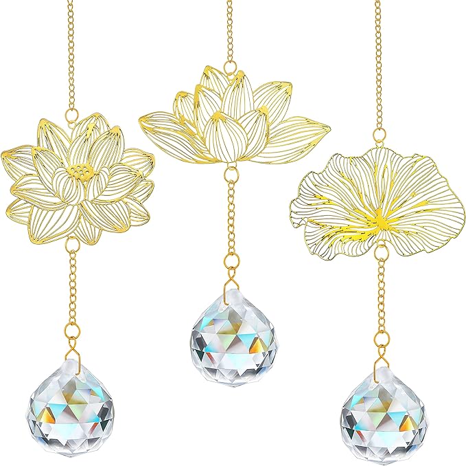 H&D HYALINE & DORA Suncatchers Lotus Leaf Pendant with Crystal Prisms Window Hang Sun Catcher Ornament Rainbow Maker for Home Garden Rearview Mirror Charms, Pack of 3