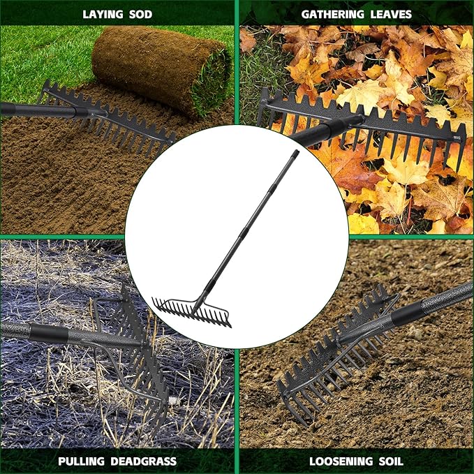 77'' Bow Rake ，17 Tines Metal Head Rakes with Stainless Steel Handle，Heavy Duty Garden Rake for Loosening Soil Gathering Leaf Leveling Lawn Farming Land Management Yarn Thatch Rake