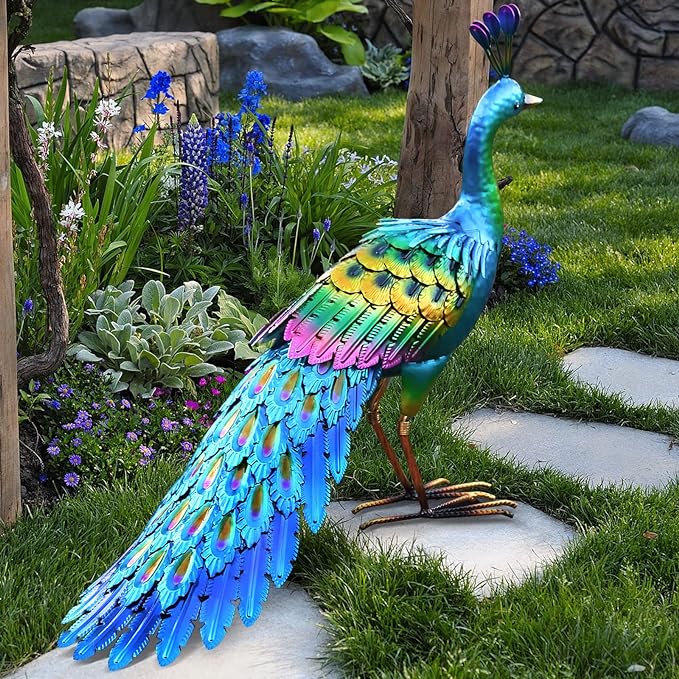 chisheen Peacock Statue Garden Decor Metal Peacock Yard Art Lawn Decoration Outdoor Sculpture for Women Mom