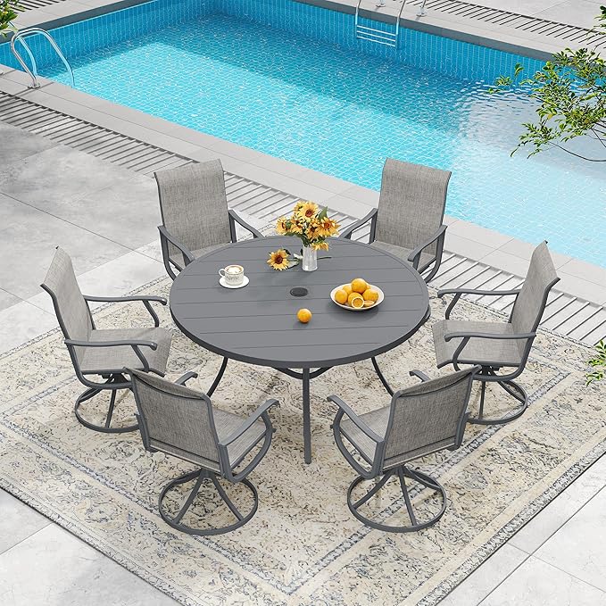 DIFY 50" Round Outdoor Patio Dining Table for 6, Metal Patio Table with 1.57" Adjustable Umbrella Hole, All-Weather Dining Furniture Table for Backyard Lawn Garden, Grey