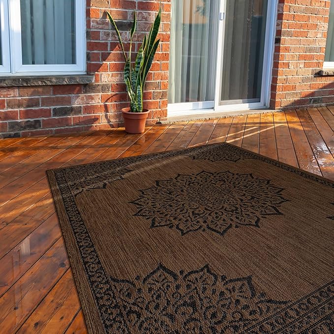 CAMILSON Outdoor Rug, 10x14 Medallion Nut Brown Black Modern Area Rugs for Large Indoor and Outdoor Patios, Kitchen and Hallway Mats, Washable Porch Deck Outside Carpet (Nut Brown Black, 10 x 14)