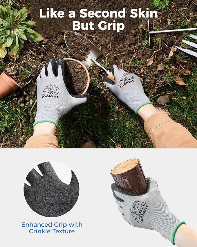 toolant Crinkle Latex Work Gloves Bulk, Rubber Coated Safety Work Gloves for Men and Women, 12 Pairs for Construction, Gardening, Warehouse (Gray, Large)
