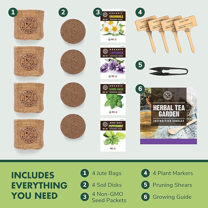 Indoor Herb Garden Seed Starter Kit - Herbal Tea Growing Kits, Grow Medicinal Herbs Indoors, Seeds for Planting, Soil, Plant Markers, Pots, Infuser, Planter Box, Gardening Gifts for Women