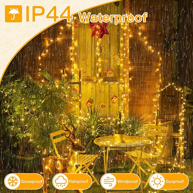 Ollny String Lights Indoor 200LED 60FT, Warm White Connectable Plug in LED Outdoor Light, 8 Modes Waterproof Timer Christmas Lights for Outside Bedroom House Party Wedding Camping