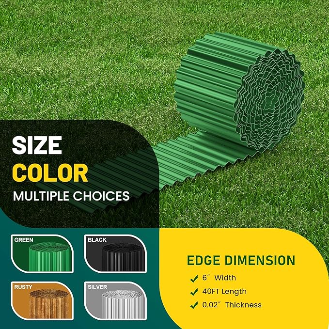 Corrugated Metal Garden Edging, 6"×40Ft Durable Landscape Border for Garden, Lawn, Flower Beds and Paver Edging (Green)