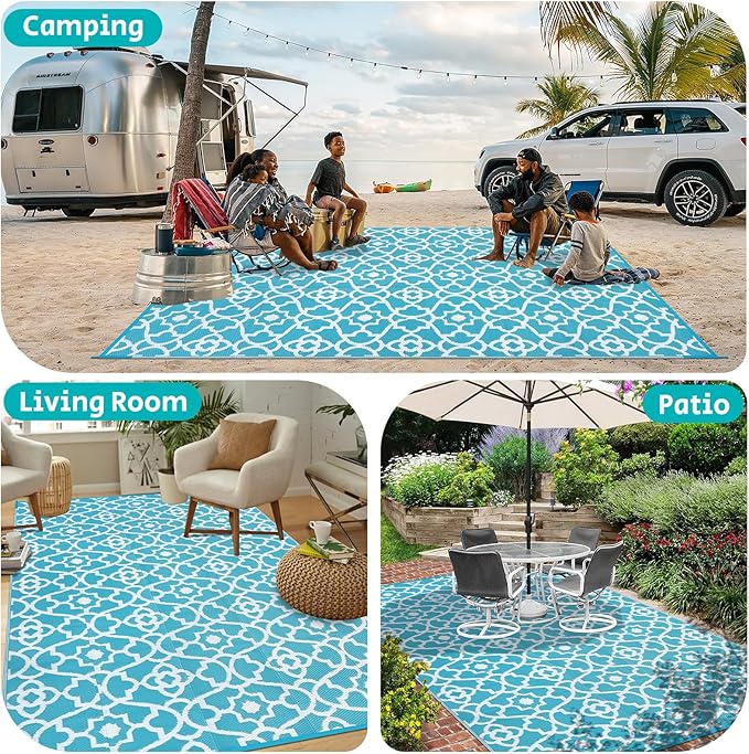 HEBE Outdoor Rug Waterproof 9x12, Plastic Straw Rug Camping Rug, Reversible Outdoor Patio Rugs RV Mat Clearance, Indoor Outside Floor Carpet for Porch,Deck,Camper,Balcony,Backyard