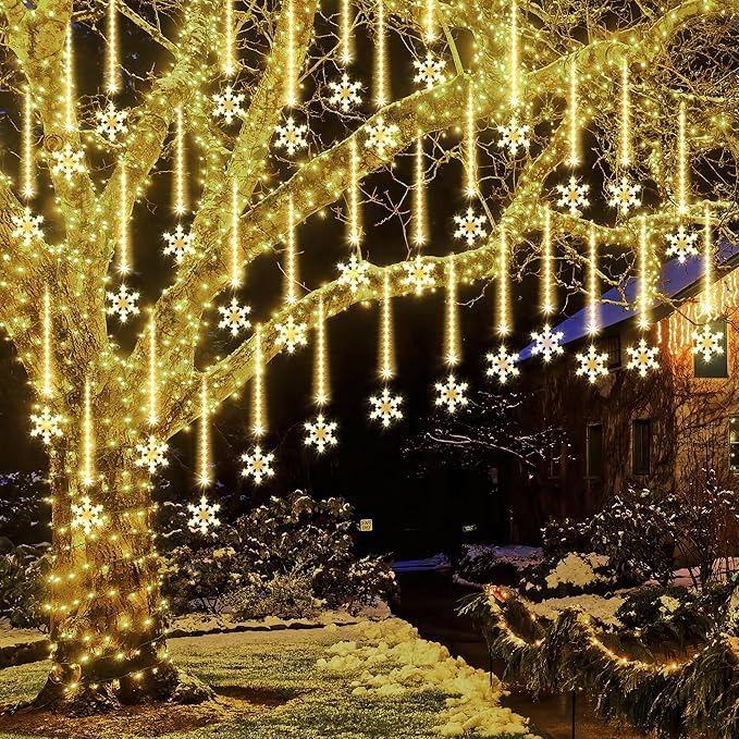 Enhon 2 Pack Meteor Shower Snowflake Lights Outdoor with Timer, Total 480 LED 12in 16 Tube Connectable Waterproof Meteor Rain Drop Christmas Light with Snowflake for Xmas Tree Roof Garden(Warm White)