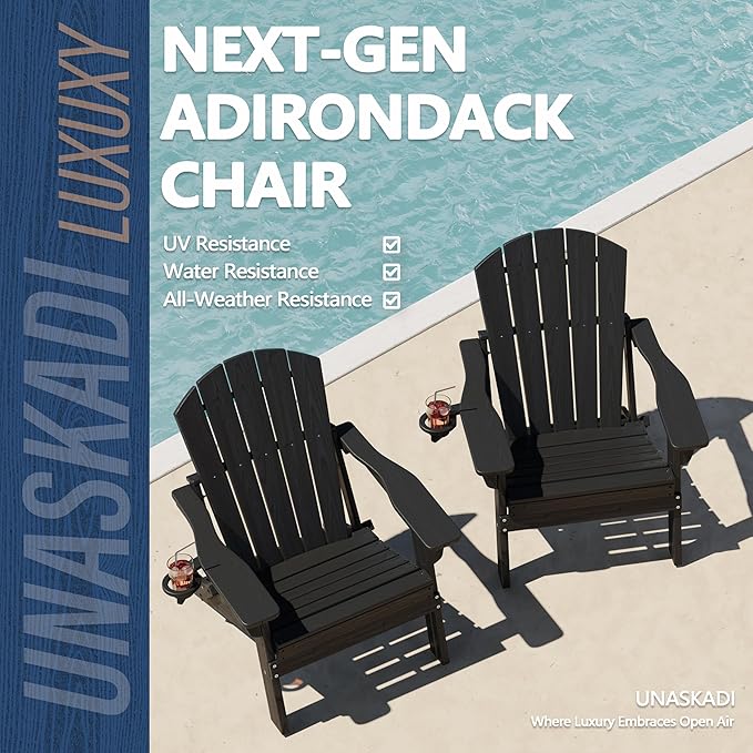 Folding Adirondack Chair Set of 4 with Cup Holder, HDPE All Weather Resistant Plastic Outdoor Patio Chairs, Heavy Duty Fire Pit Seating for Backyard Lawn Garden, Wooden Textured Design(Black)