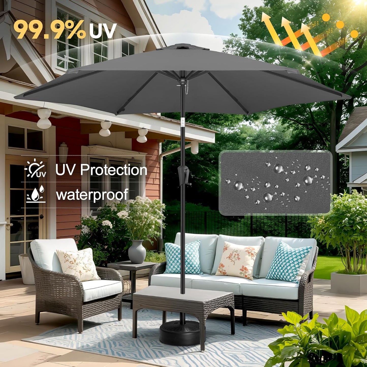 FLAME&SHADE 10ft Patio Umbrella - Outdoor Umbrella with 6 Sturdy Ribs, Push Button Tilt and Crank, UV Protection Table Market Umbrella for Pool, Porch，Garden, Deck, Backyard (Anthracite)
