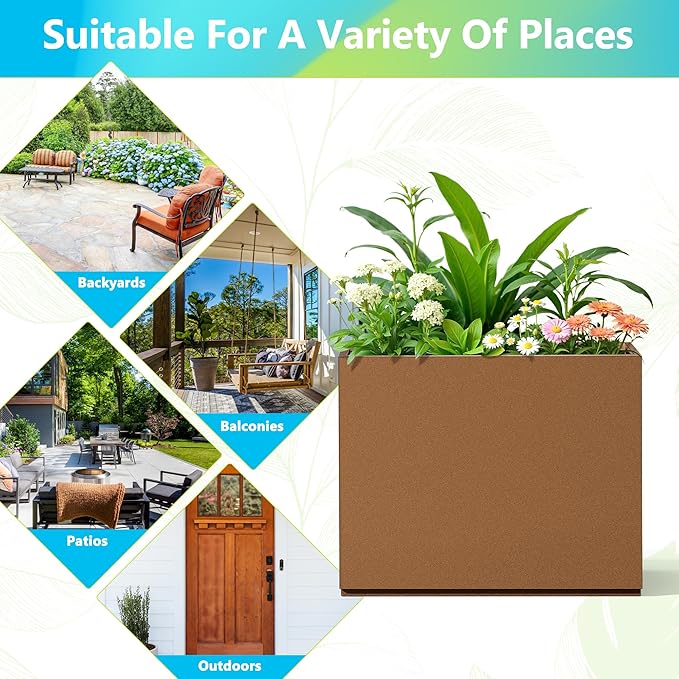 FENCY Metal Planter Box, Large Rectangular Planters for Outdoor Plants, Outdoor Tall Planters with Drainage Holes, Brown Metal Planters (30" L x 12" W x 24" H)