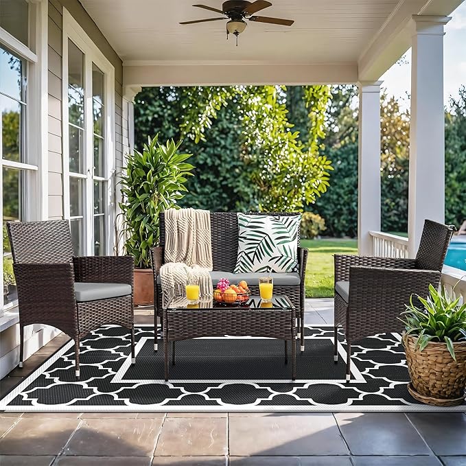 GENIMO 5' x 8' Outdoor Rug Waterproof for Patio Decor, Foldable Reversible Plastic Straw Area Rugs Mat for Camper, Outside Carpet for Rv, Deck, Porch, Picnic, Beach, Balcony, Black & White