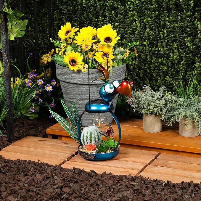 Alpine Corporation LYT290SLR-HH Solar-Powered Metal Flamingo with Garden Enclosed LED Light, Solar Patio Decor, 16''H, Blue