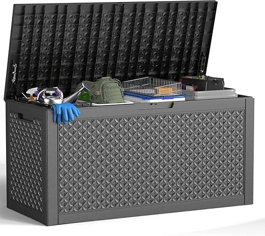 100 Gallon Waterproof Outdoor Storage Box,Resin Deck Box,Lockable Outside Storage Box Container for Patio Furniure,Garden,Pool Tools (100 Gallon,Black pattern)