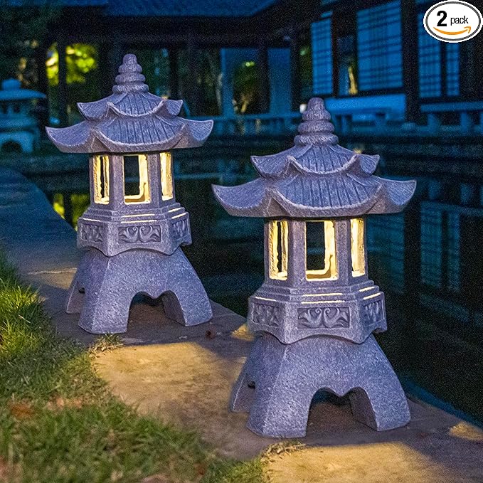 DIBIEECN 2 Pack Japanese Pagoda Garden Statues, Solar Lights for Patio Outdoor, Zen Landscape Lighting, Asian Outdoor Decor for Patio Yard Backyard, Gifts for Women Mom Grandmon