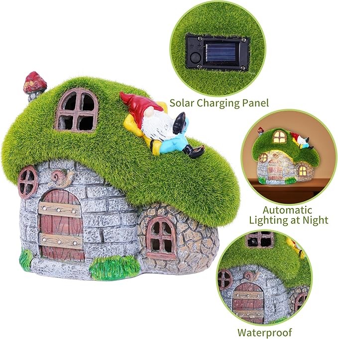 ILLUMINEW House Garden Statues with Solar Lights, LED Cute Flocked Fairy House with Gnomes Garden Figurine, Outdoor Patio Yard Lawn Decorations Gift