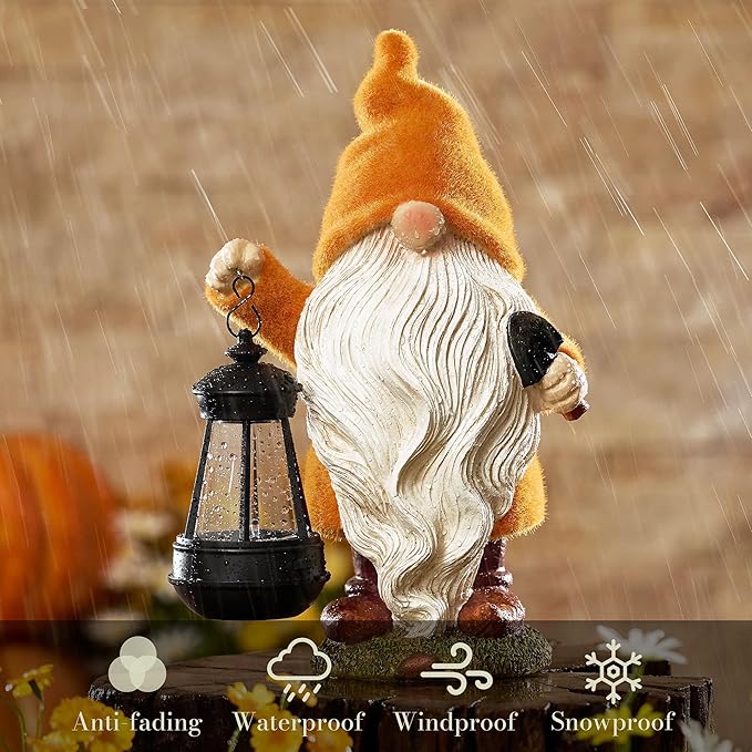 TERESA'S COLLECTIONS Christmas Outdoor Statue for Home, Resin Gnome Decorations with Solar Outdoor Lights for Garden Decor,Yellow Garden Sculptures & Statues for Front Patio Lawn, Gifts for Mom,12"