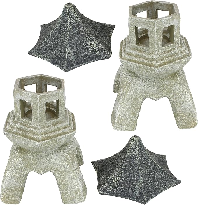 Design Toscano Asian Decor Pagoda Lantern Indoor/Outdoor Statue, Set of 2 Large, Cast Stone Resin, Two Tone Stone Finish