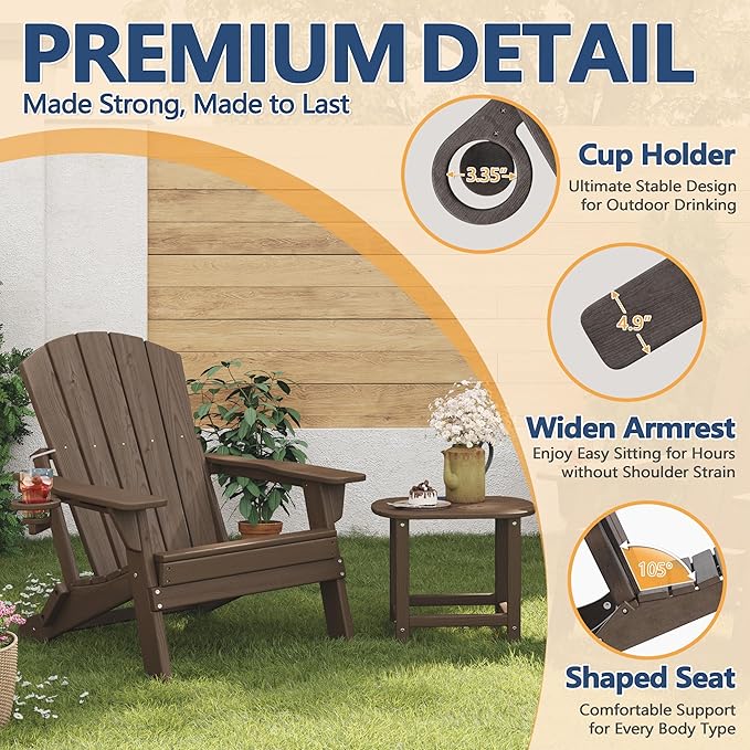 Folding Adirondack Chair Set of 3 with Cup Holder, HDPE All Weather Resistant Plastic Outdoor Patio Chairs, Heavy Duty Fire Pit Seating for Backyard Lawn Garden, Wooden Textured Design(Coffee)