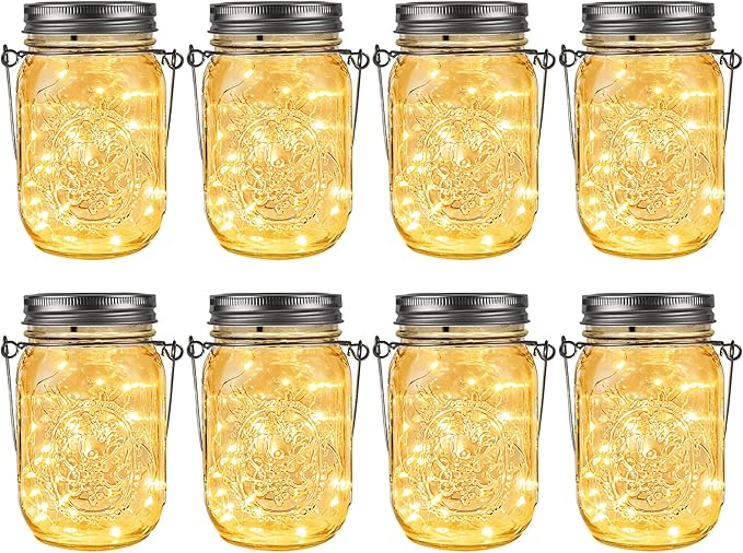 GIGALUMI Solar Mason Jar Lights, 8 Pack 30 Led String Fairy Lights Garden Lights Outdoor Waterproof Metal Lid Hanging Solar Lanterns for Outdoor, Garden, Patio, Lawn, Balcony Decoration