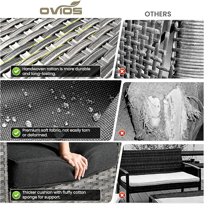 ovios 7 Pieces Patio Furniture Set with 42" Fire Pit Table, Outdoor Wicker Sofa with Swivel Chairs, All Weather High Back Rattan Couch Conversation Set, Black