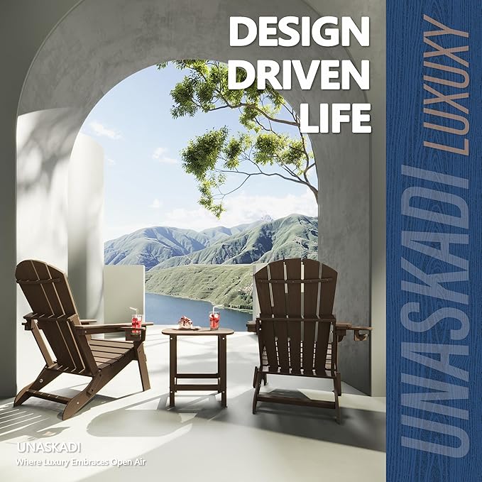 Folding Adirondack Chair with Cup Holder, HDPE All Weather Resistant Plastic Outdoor Patio Chairs, Heavy Duty Fire Pit Seating for Backyard Lawn Garden, Wooden Textured Design(Coffee)