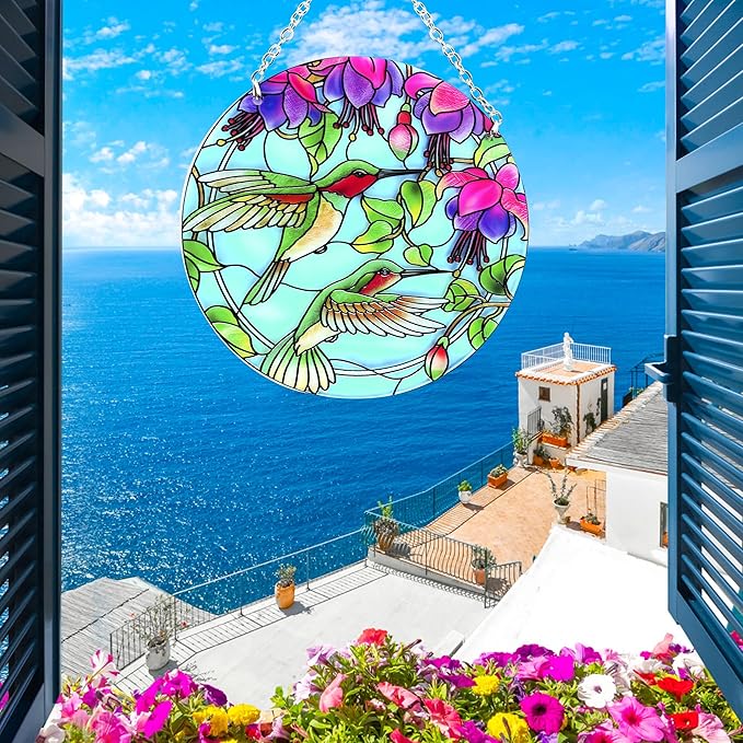 Hummingbird Suncatcher Stained Glass - Hummingbird Gifts for Women, Birds Suncatchers for Windows - Birds Window Hangings with Chain and Hook, 6 inch Stained Glass Suncatcher for Mom