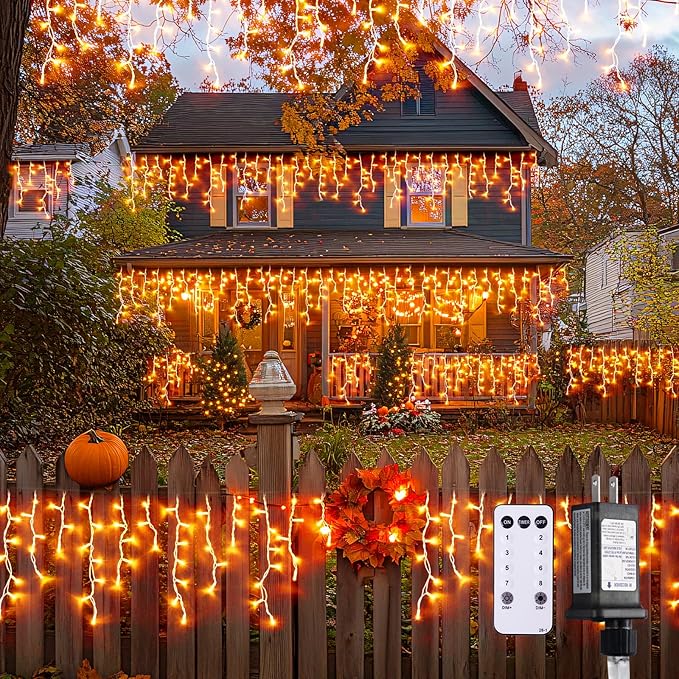 JMEXSUSS 800 LED Thanksgiving Icicle Lights for Outside, Orange Icicle Lights Outdoor with Remote, Thanksgiving String Lights Indoor Plug in for Fireplace Indoor House Roof Thanksgiving Decor