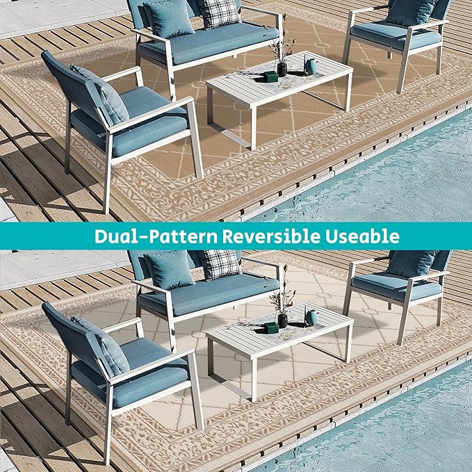 HEBE Outdoor Rug Waterproof 8x10, Reversible Plastic Straw Rug RV Camping Rug, Indoor Outdoor Patio Mat Clearance, Outside Carpet for Porch,Deck,Camper,Balcony,Backyard,Picnic