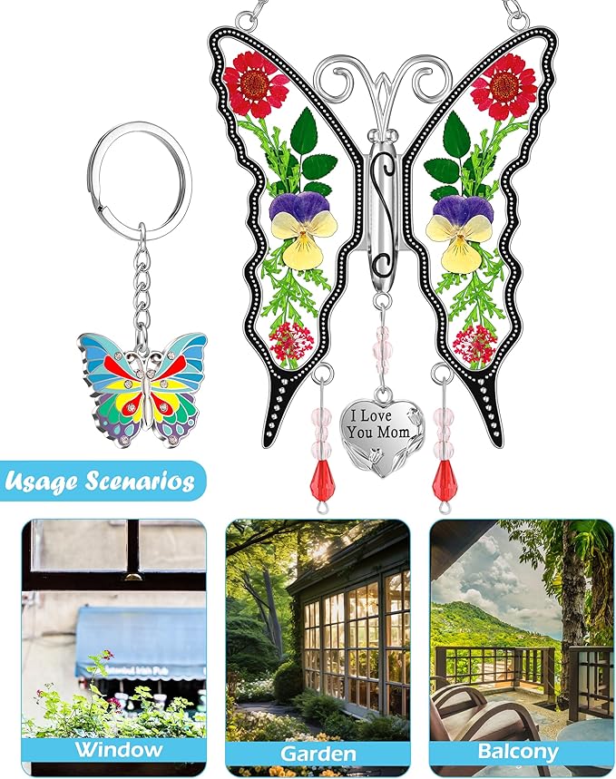 KY&BOSAM I Love You Mom Butterfly Suncatcher for Window Gift for Mom Pressed Flower Between Wings in Glass Metal Engraved Charm Gift for Women Mother's Day Valentine's Birthday Thanksgiving Christmas
