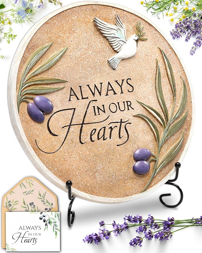10-Inch Garden Memorial Stone with Included Plaque Stand & Sympathy Card, Memorial Plaques for Outdoors with Peace Dove Amongst Olive Branches, Memorial Stepping Stone for Loss of Loved One