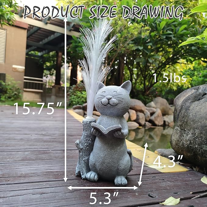 Cat Solar Garden Statues,Resin Cat Figurine Reading a Book and 7-Color Changing Optical Fiber with Solar Lights, Lawn Decor Outdoor Statue for Patio,Balcony,Yard,Lawn Ornament