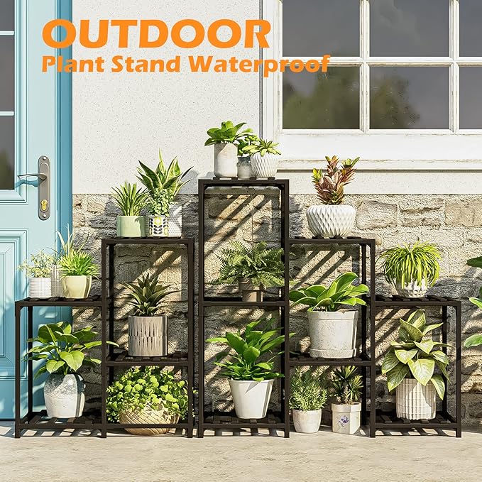 Bamworld Outdoor Plant Stand Indoor Black Corner Shelf 5-Tier 11 Potted Flower Shelves Wooden Garden Wood Plant Holder Rack for Living Room Lawn Window