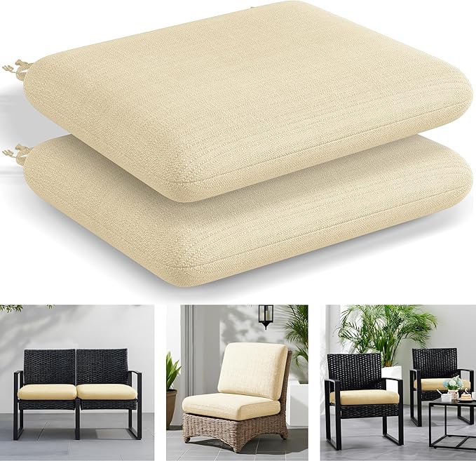 Codi Patio Chair Cushions 19x19 Inch, Waterproof Seat Cushion for Outdoor Furniture with Textured Fabric, Handles & Adjustable Straps, Fade Resistant - Set of 2, Beige