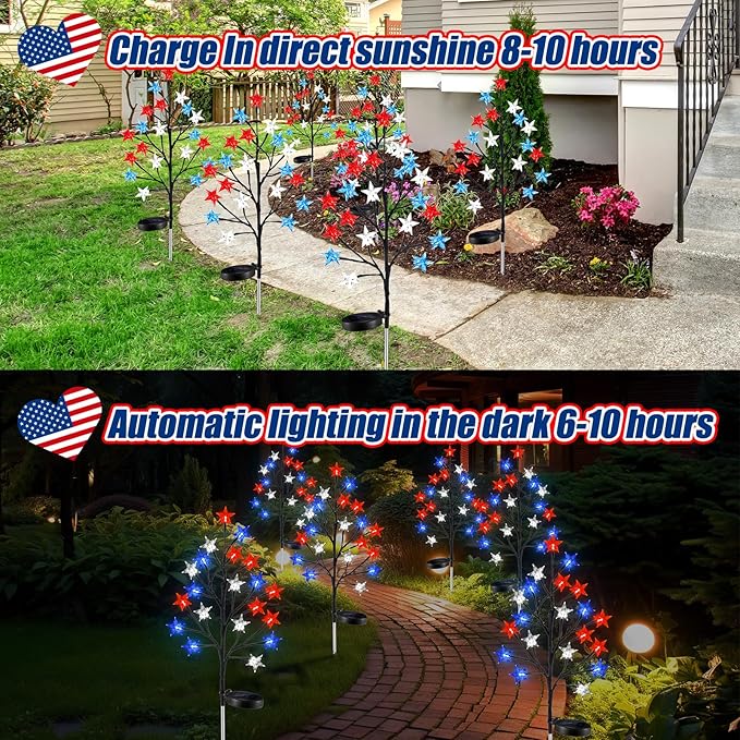 6 Pcs Solar 4th of July Decorations Outdoor Lights 8 Modes Star Stake Lights Waterproof Solar Patriotic Decorations Lights for July 4th Memorial Day Garden Yard Pathway