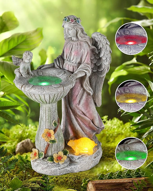 iStatue Solar Angel with Mushroom Bird Bath Statue - 9.5'' Garden Decor for Outside Clearance, Color-Changing Lights Lawn Ornaments Baby Turtle Figurine for Yard Patio, Balcony Gifts (Angel)