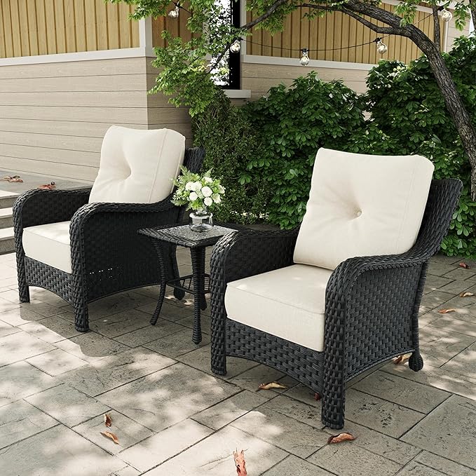 3 Pieces Outdoor Patio Furniture Sets with Single Chairs with 6-inch Thick Cushion and Side Table for Deck Lawn