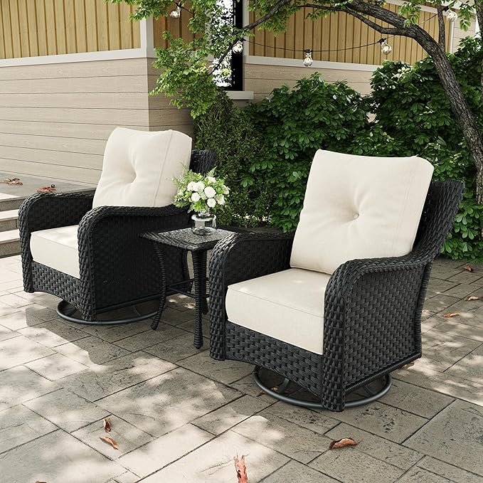 3 Pieces Outdoor Patio Furniture Sets with Rocking Swivel Chairs with 6-inch Thick Cushion and Side Table for Deck Lawn