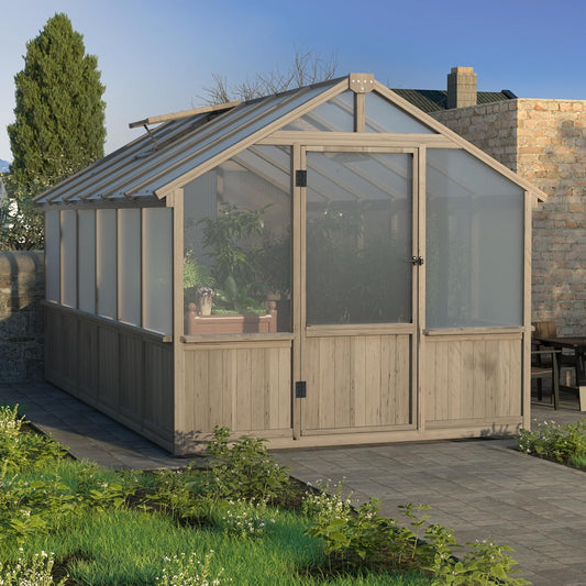 MUPATER 8' x 12' Outdoors Walk-in Greenhouse, Wood Greenhouse with Ventilated Window and Lockable Door, 6mm Polycarbonate Panels for UV Protection and Heat Insulation,Suitable for Patio, Backyard