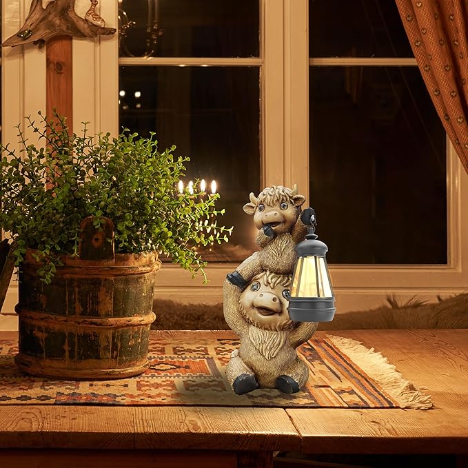 Highland Cow Statues with Solar Lights, Highland Cow Resin Figurine Lights, Highland Cow Ornaments for Patio, Balcony, Indoor Decoration and as Gifts