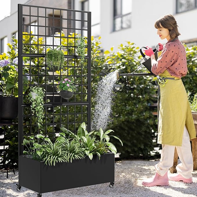 Casaphoria Metal Raised Garden Bed with Trellis and Wheels, 72"x35"x16" Planter Box for Climbing Plants, Vegetables & Vines, Features Drainage Holes and Privacy Screen (Black-Grid)