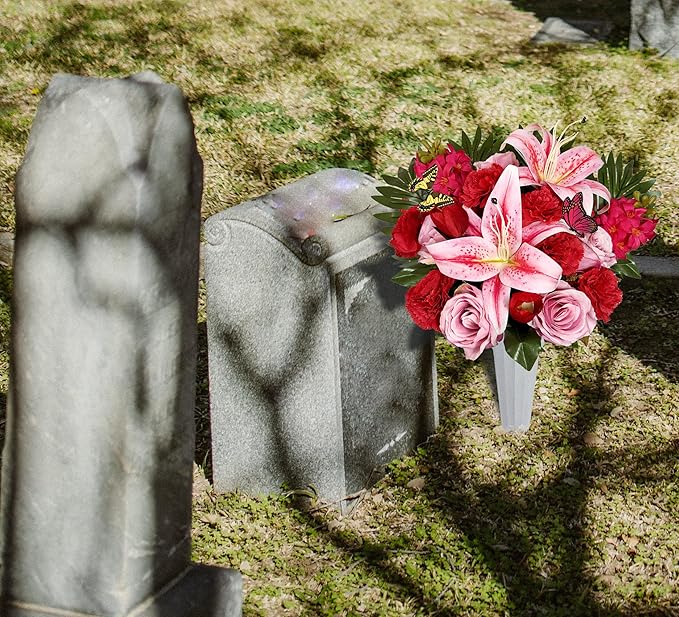 Handmade Cemetery Flowers with Vase for Grave Decor, Artificial Headstone Flower, Bright and Colorfast,Pink Rose Lily/Red Carnation