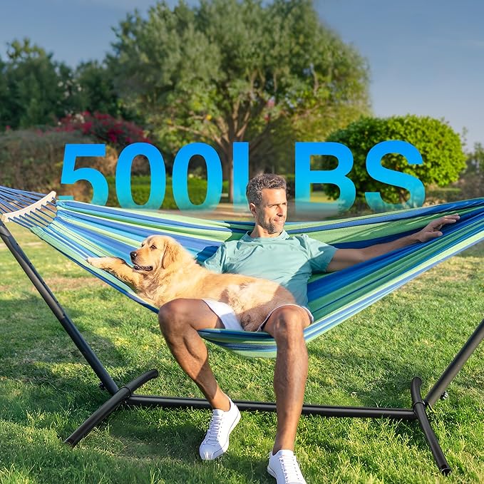 Double Hammock, Heavy Duty Portable, 500 lb Weight Capacity, Perfect for Both Indoors and Outdoors, 2 Person Hammock with Carrying Bag, Wide Blue