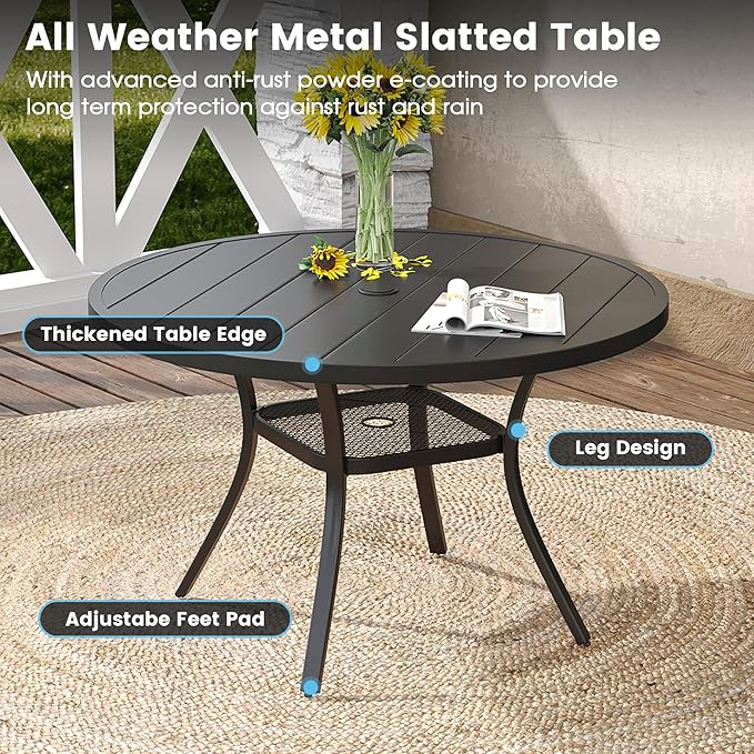 DIFY Outdoor Dining Table for 4, Round Patio Table with Umbrella Hole for Garden, Backyard and Porch (Black)